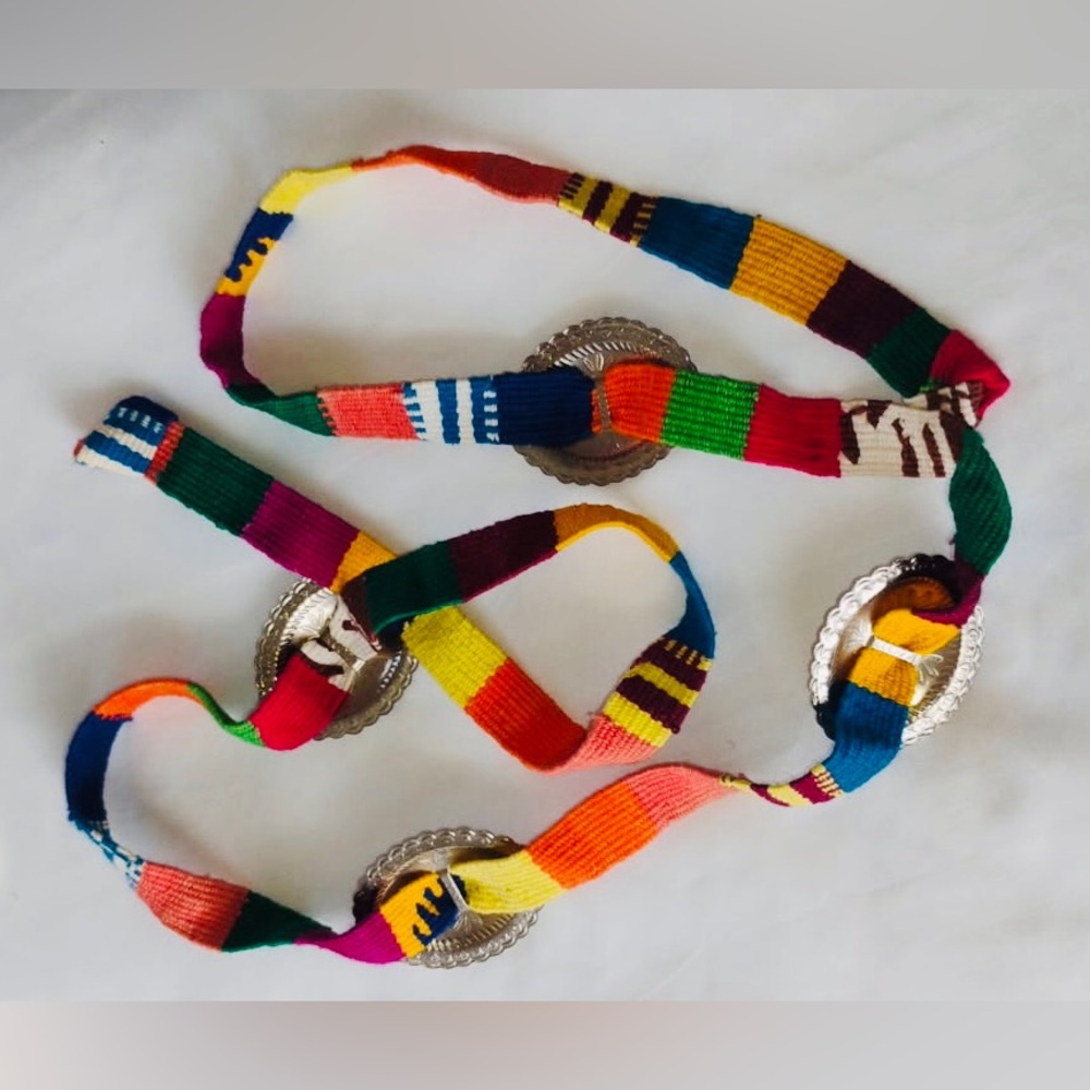Colorful Handwoven Belt with Silver tone Conchos - Picture 2 of 3